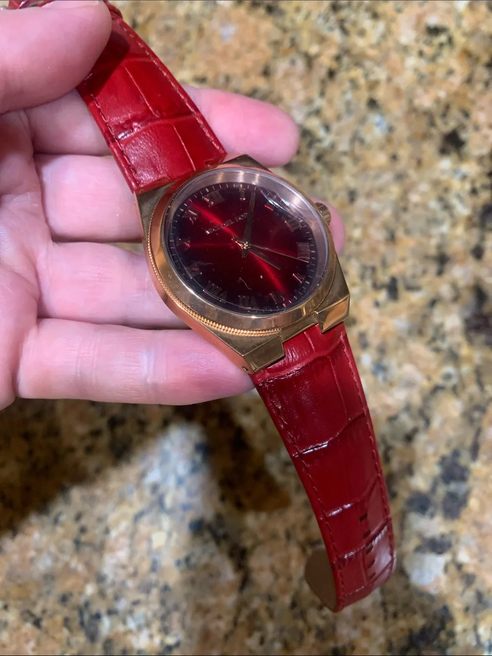 Brand new limited edition red, rose gold plated authentic rare watch/ leather